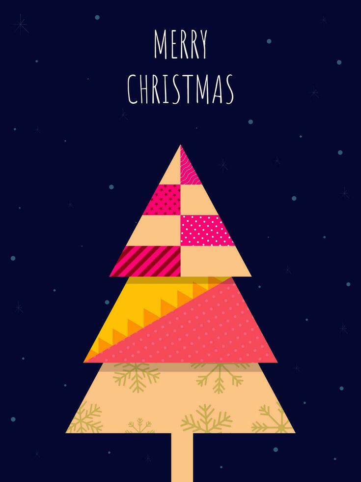 Merry Christmas Template Design With Paper Style Xmas Tree On Blue Snowfall Background. vector