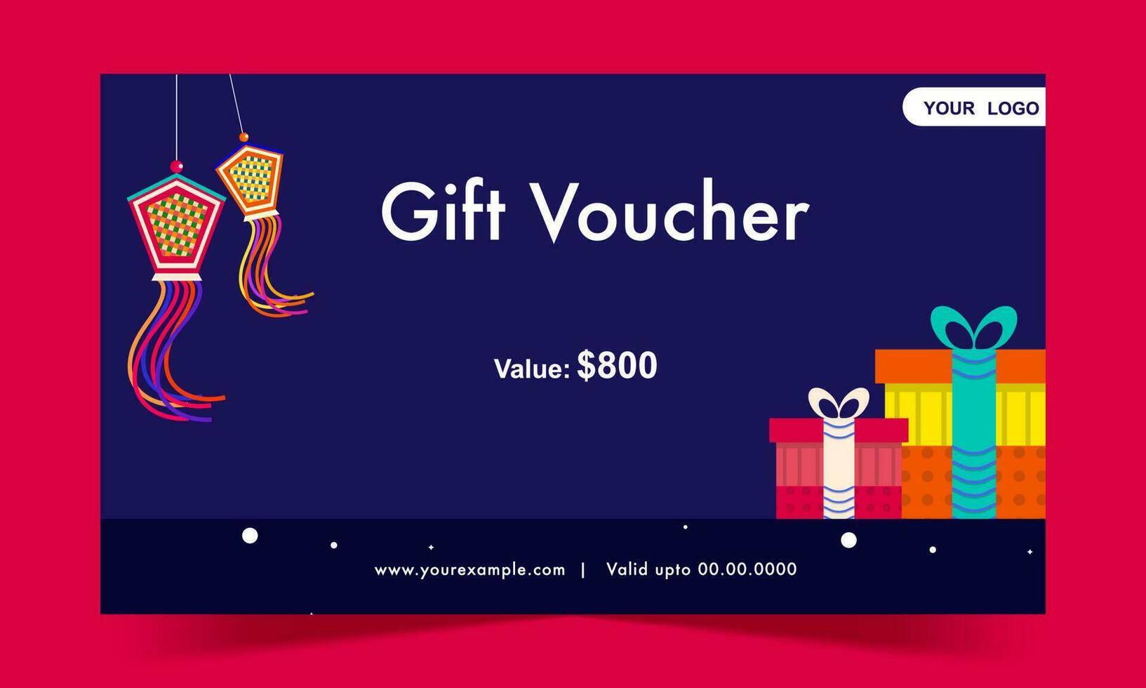 Gift Card Or Voucher Template Layout With Boxes, Lanterns Hang In Blue Color. vector