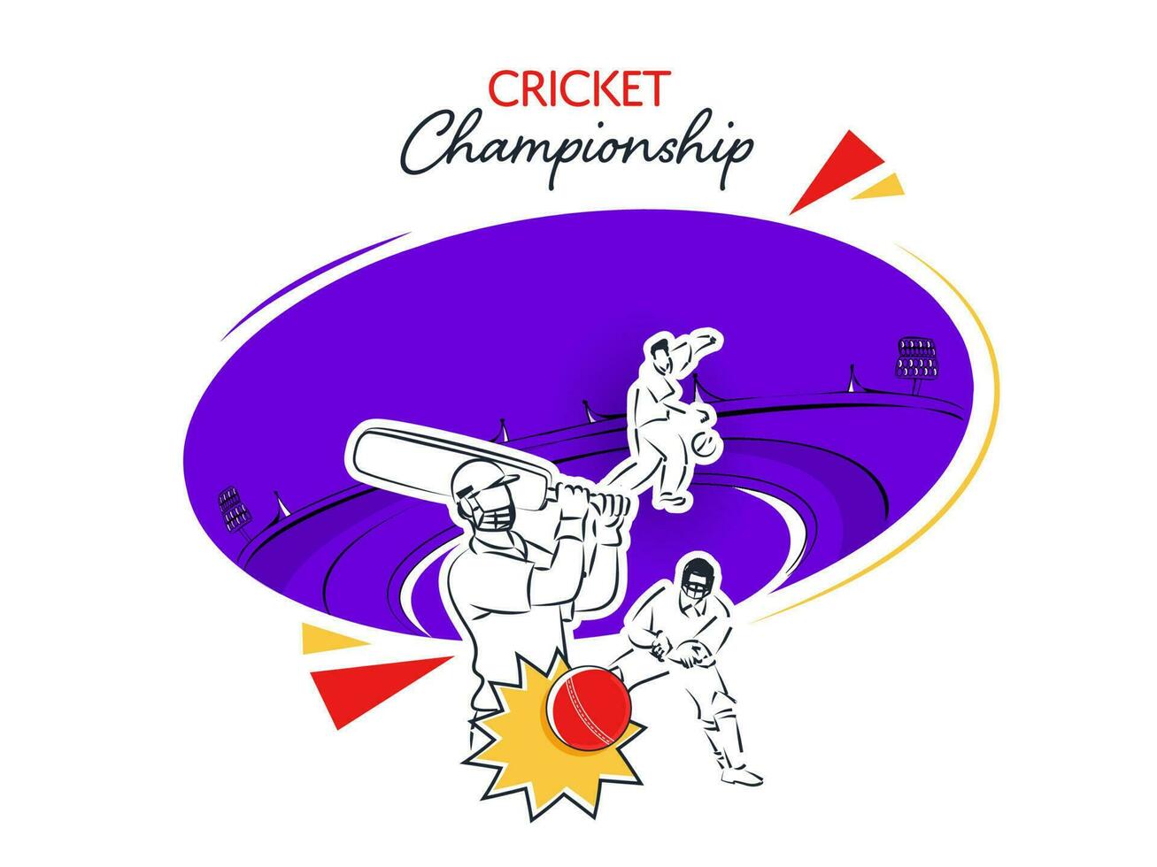 Cricket Championship Concept With Doodle Style Cricketer Players In Different Pose On Purple And White Stadium Background. vector