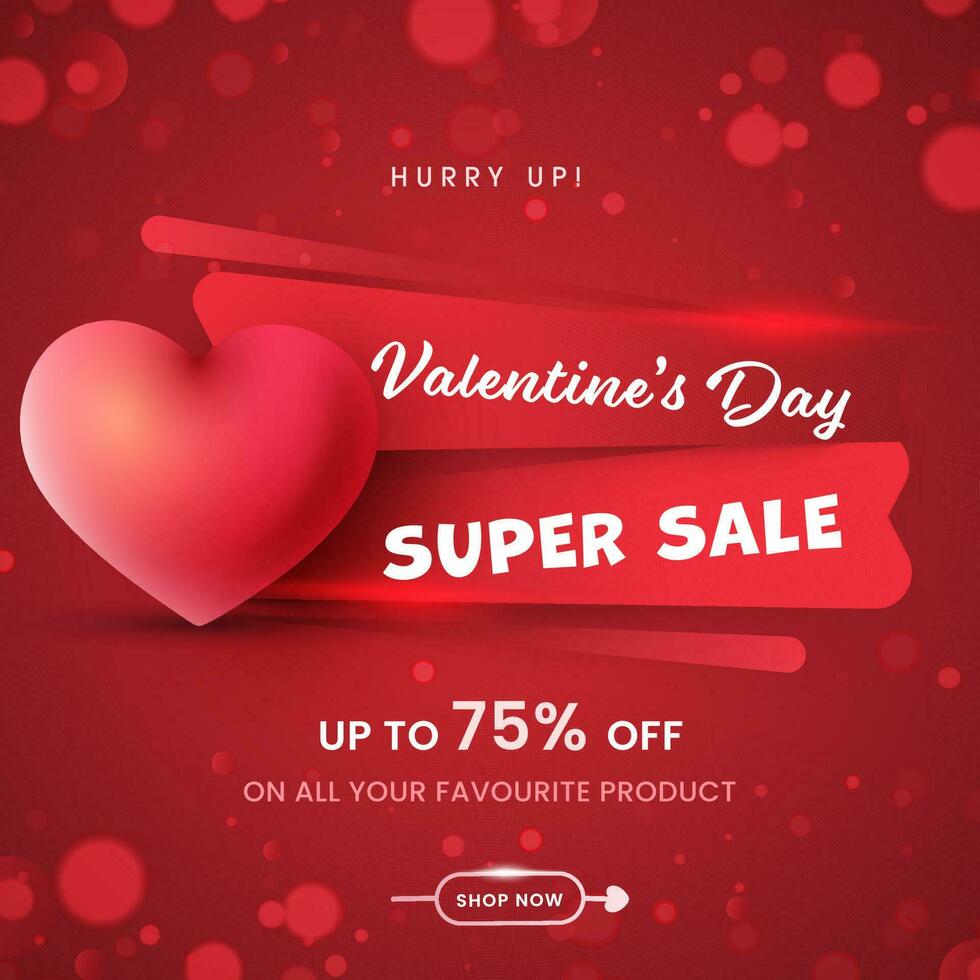 Valentine's Day Super Sale Poster Design With Discount Offer And 3D Heart On Red Bokeh Background. vector