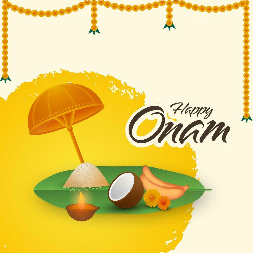 Happy Onam Font With Olakkuda, Sadhya Food, Lit Oil Lamp, Marigold Toran On Yellow And Beige Background. vector