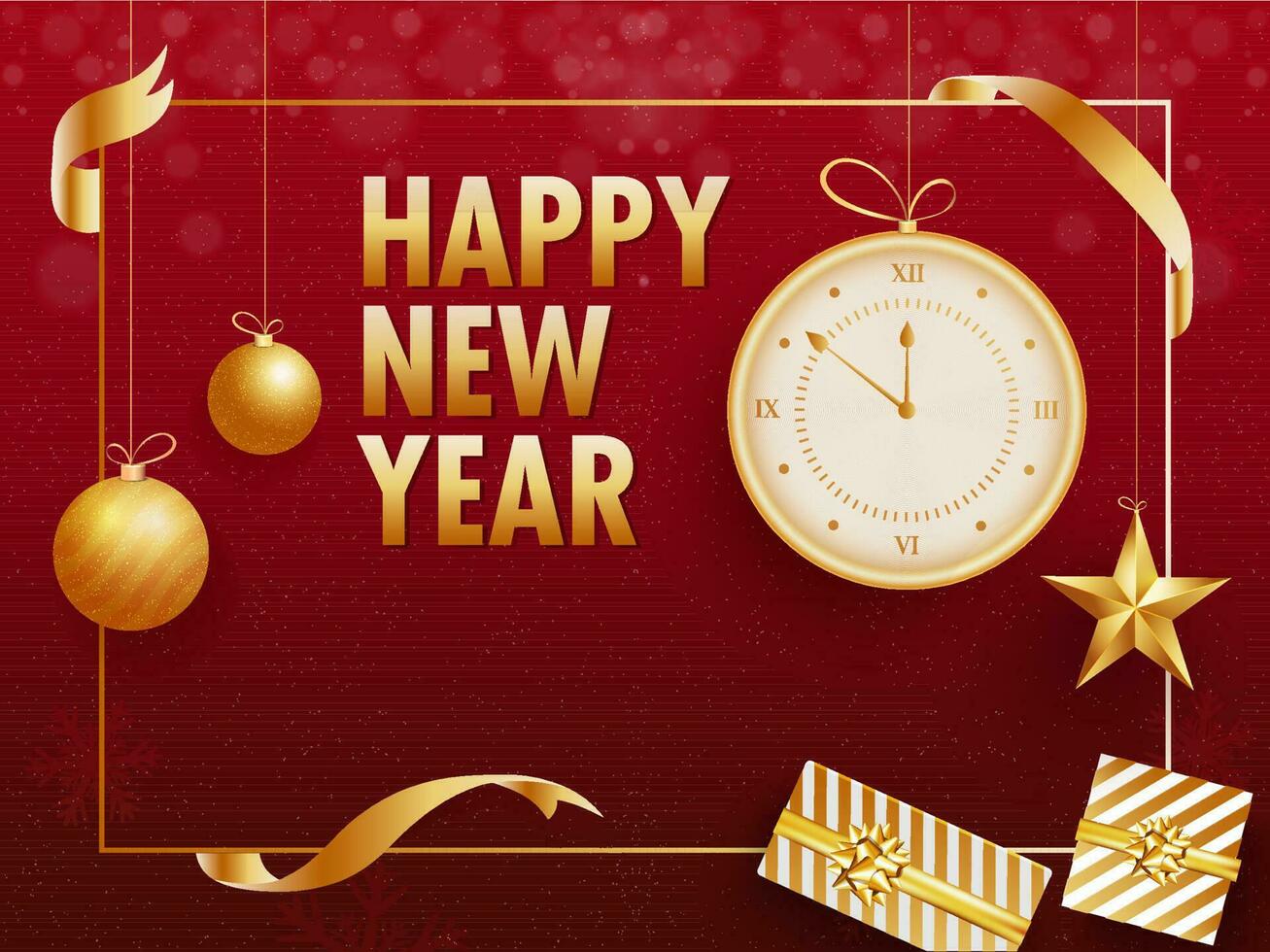 Golden typography of Happy New Year with hanging clock, baubles, star and gift boxes on red background. Can be used as greeting card design. vector