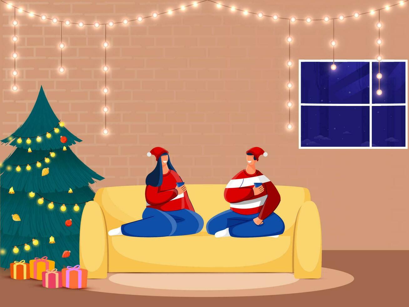 dibujos animados joven Pareja disfrutando con bebidas a sofá, regalo cajas y decorativo Navidad arboles en marrón ladrillo pared antecedentes. vector