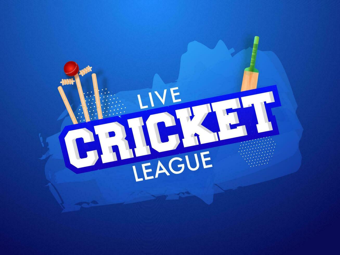 Live Cricket League Text With Red Ball Hitting Wicket Stumps And Bat Illustration On Blue Background. vector