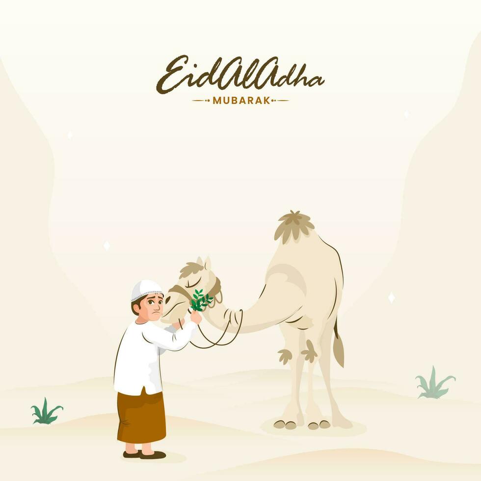 Eid al-Adha Mubarak concepto con musulmán chico alimentación césped a camello en beige antecedentes. vector