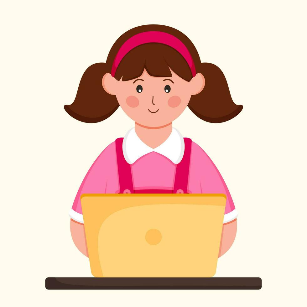 joven estudiante niña utilizando ordenador portátil en pastel amarillo antecedentes. vector