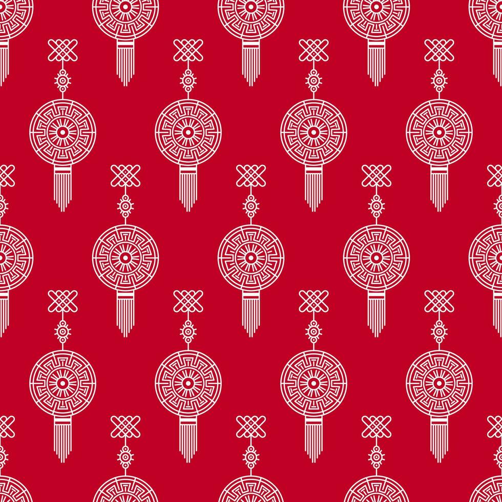 Seamless Chinese Oriental Hang Pattern Background In White And Red Color. vector