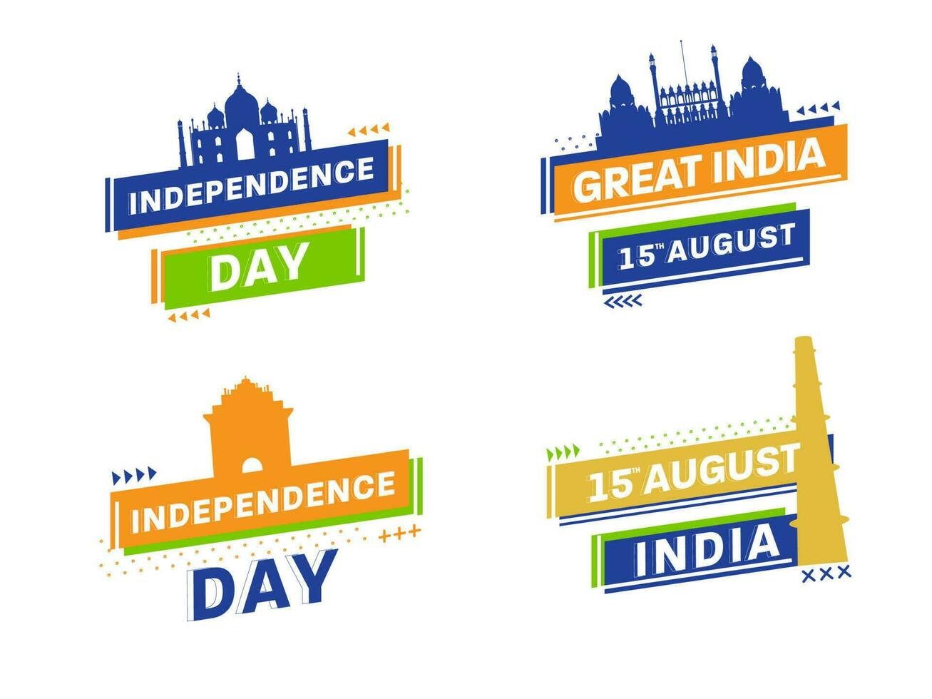 15th August, India Happy Independence Day Text With Famous Monument On White Background. vector