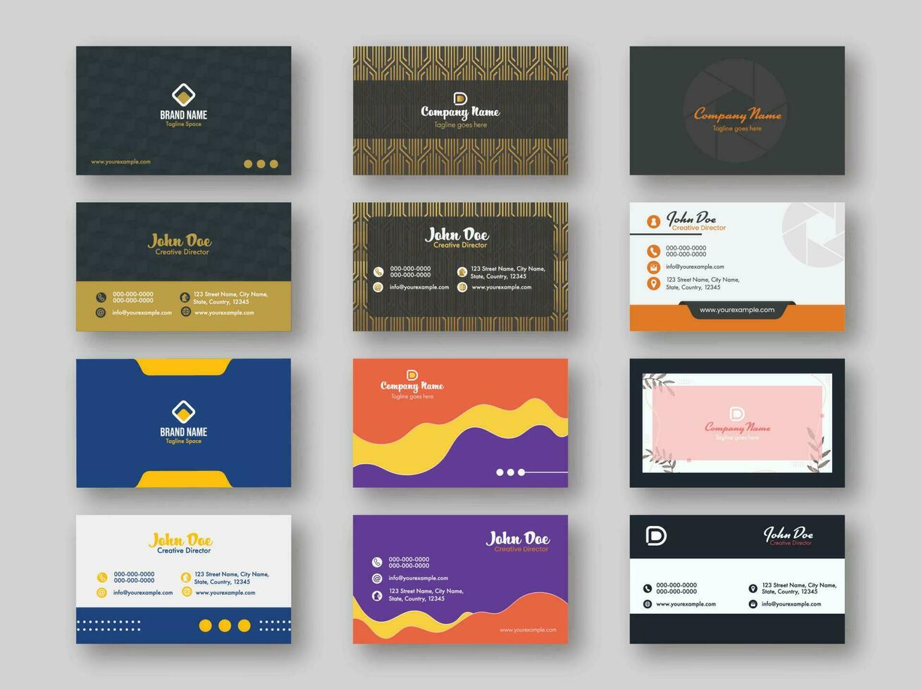 Front And Back Side Of Horizontal Business Card Template Layout In Six Options. vector