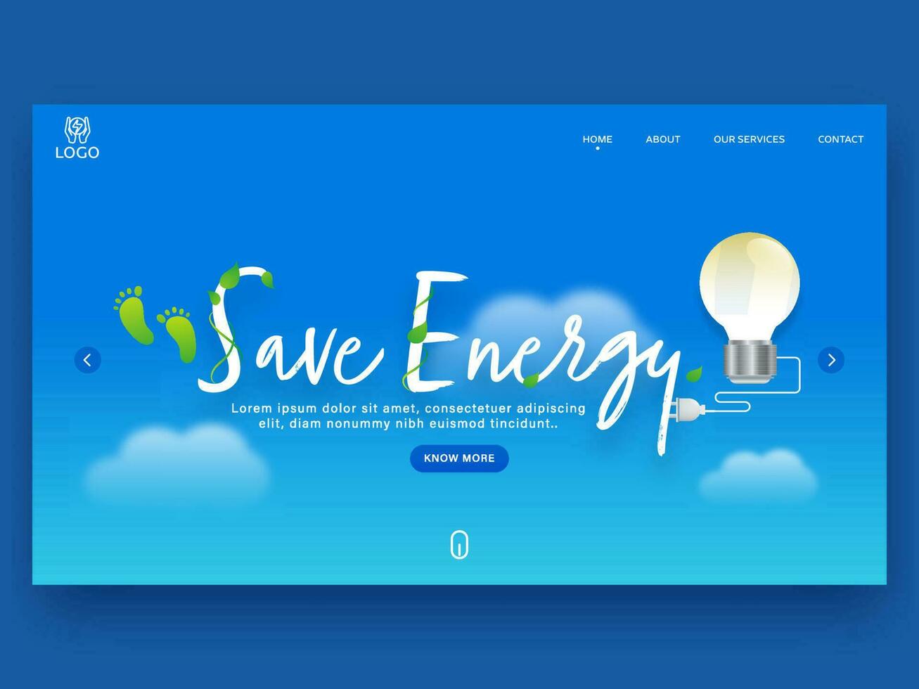 Save Energy Landing Page Design With Light Bulb On Blue Background. vector