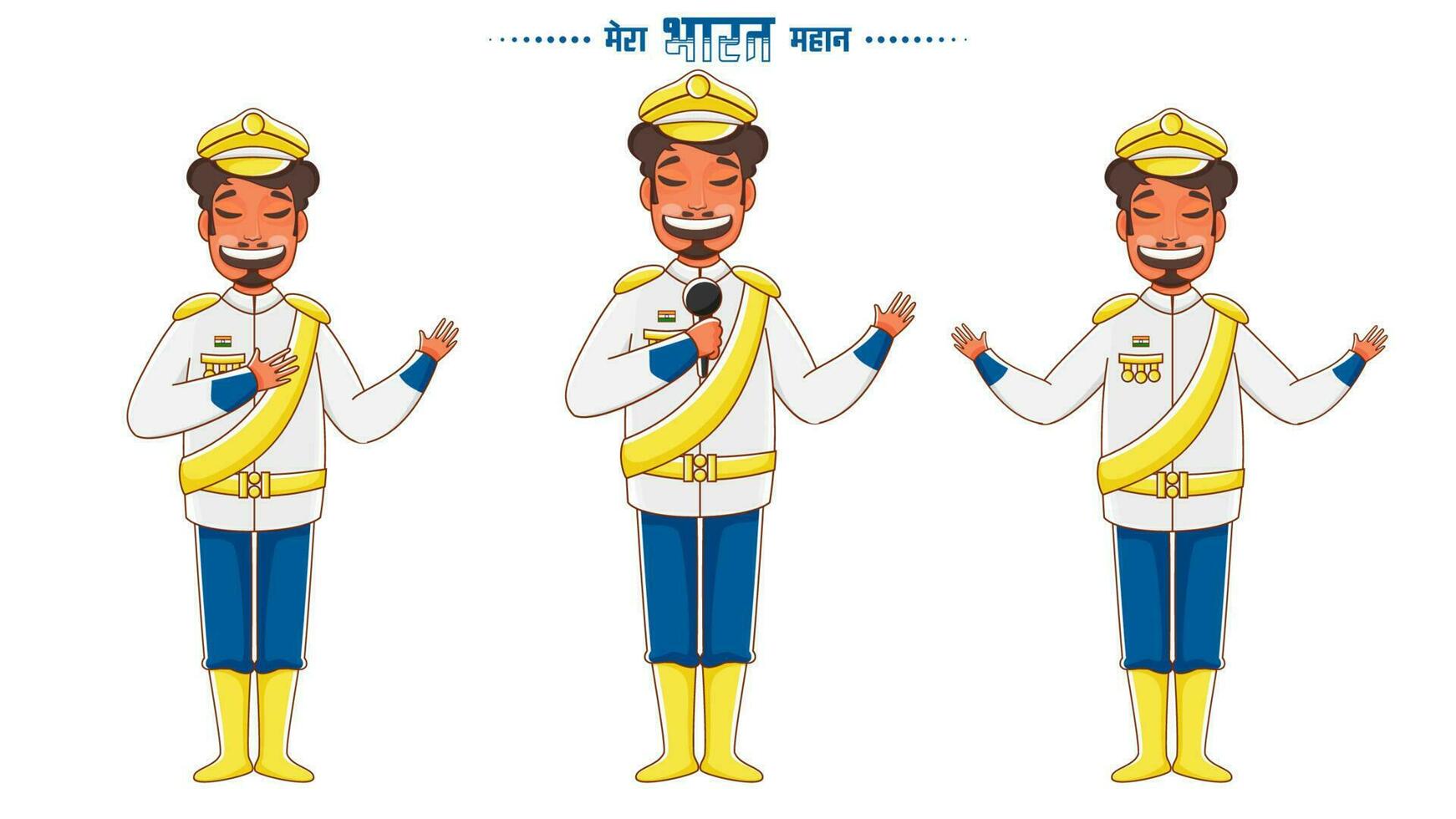 mi India es genial y aplausos desfile soldados hombres canto juntos desde mic en blanco antecedentes. vector