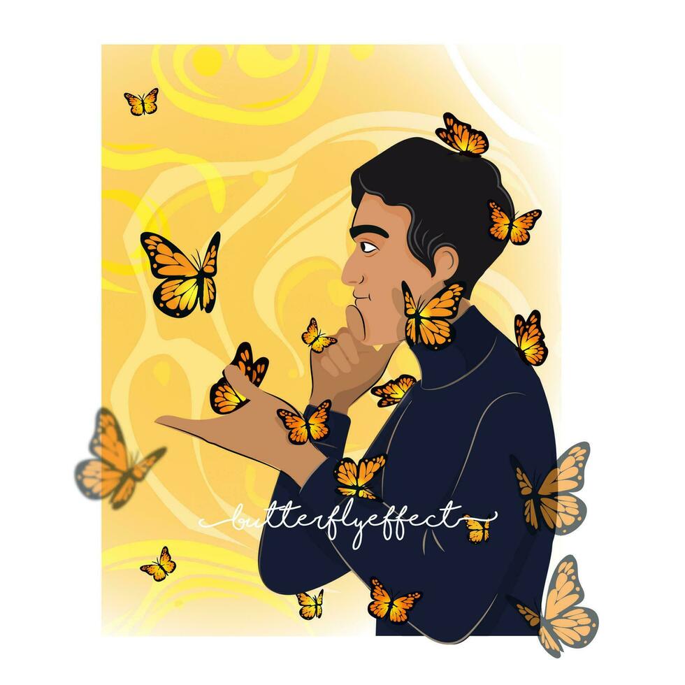 Vector Illustration Of Young Man Character With Flying Butterflies On Abstract Yellow And White Background.