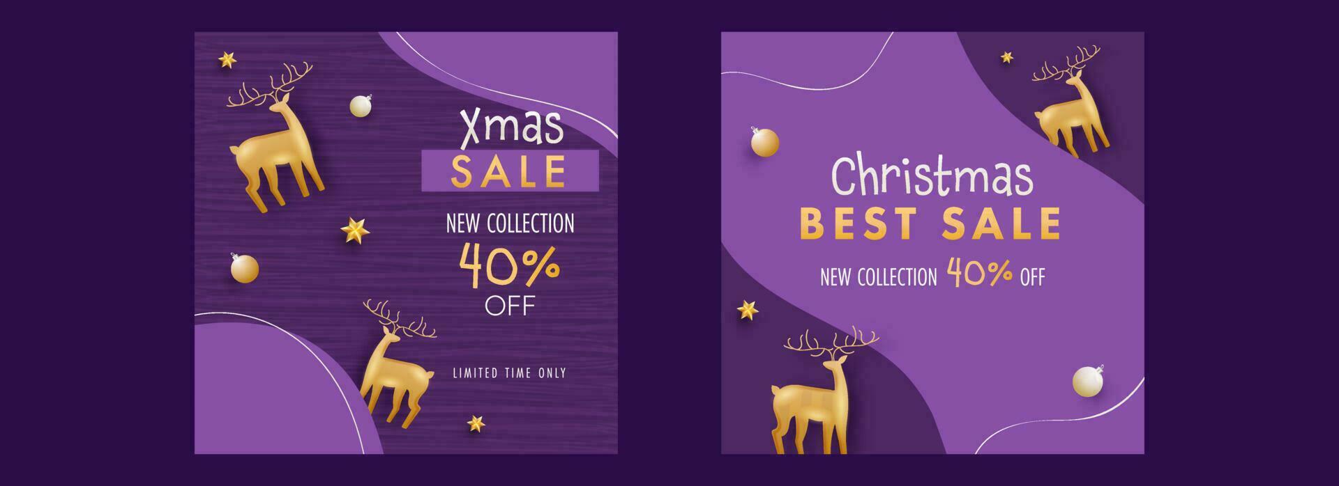 Christmas Sale New Collection Post Or Template With Discount Offer And 3D Golden Reindeer On Purple Background. vector