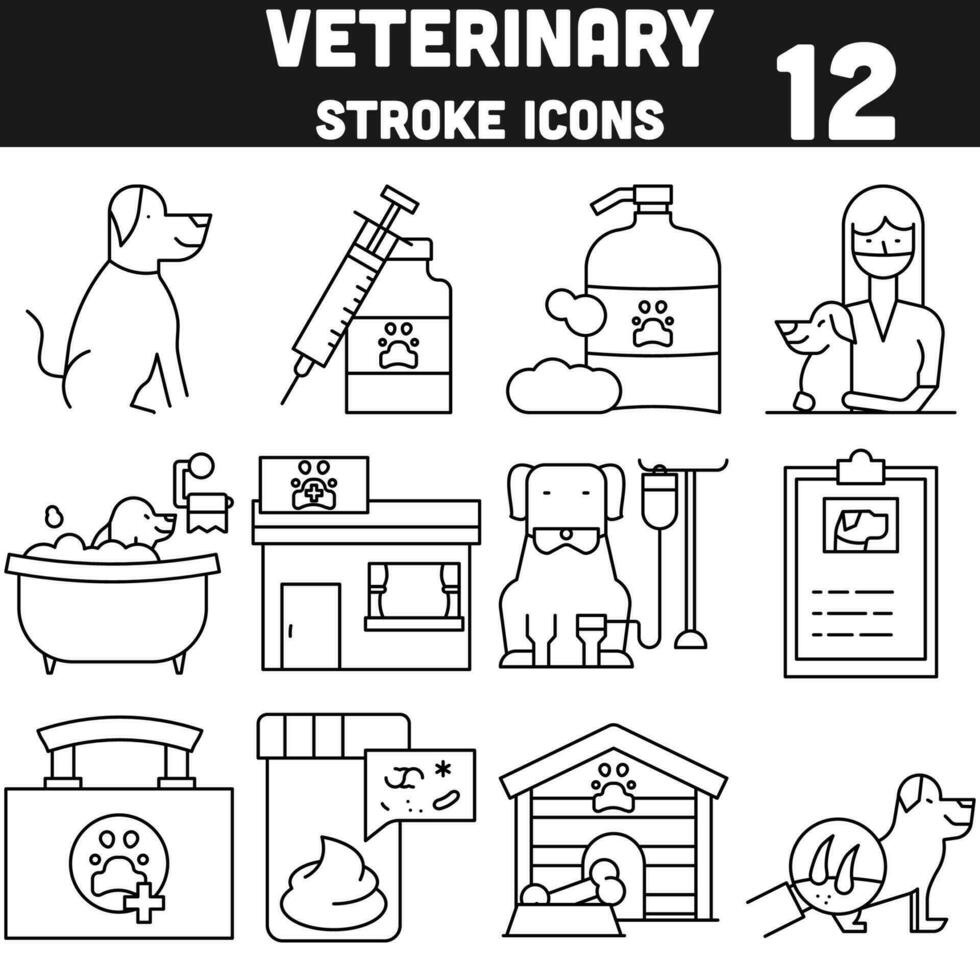 Black Line Art Veterinary Icon Set On White Background. vector