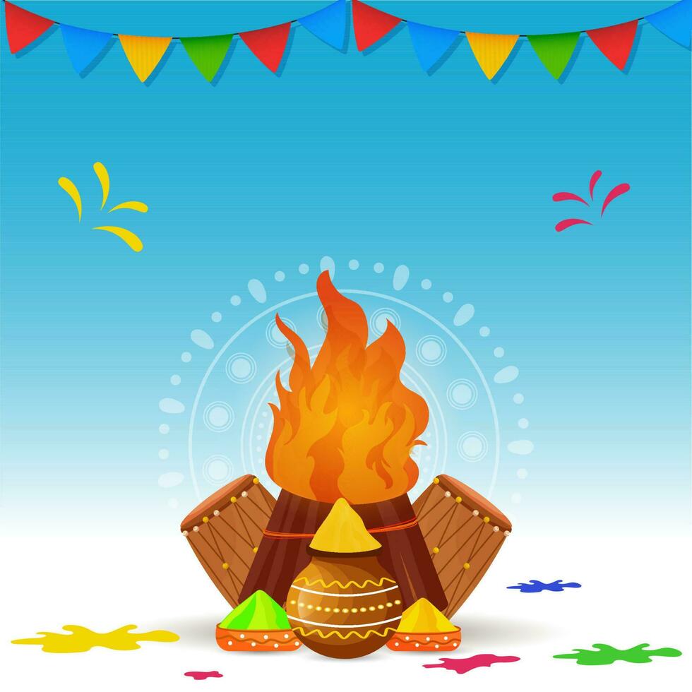 Illustration Of Bonfire With Bowls, Mud Pot Full Of Dry Color And Dhol Instruments On Blue And White Background. vector
