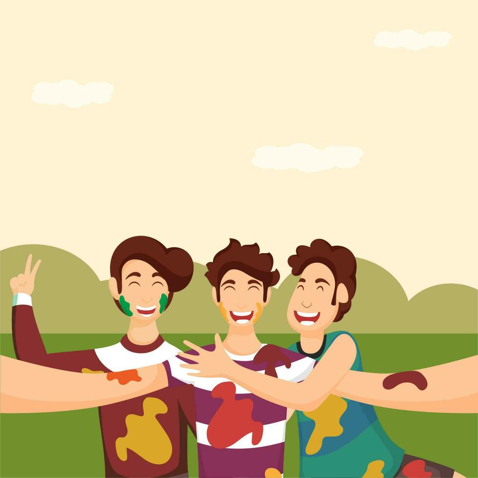 Cheerful Young Boys Taking Selfie Together On Pastel Yellow And Green Nature Background. vector