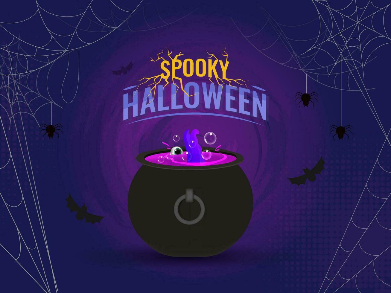 Spooky Halloween Background With Spider Web, Bats Flying And Magic Cauldron Pot Illustration. vector