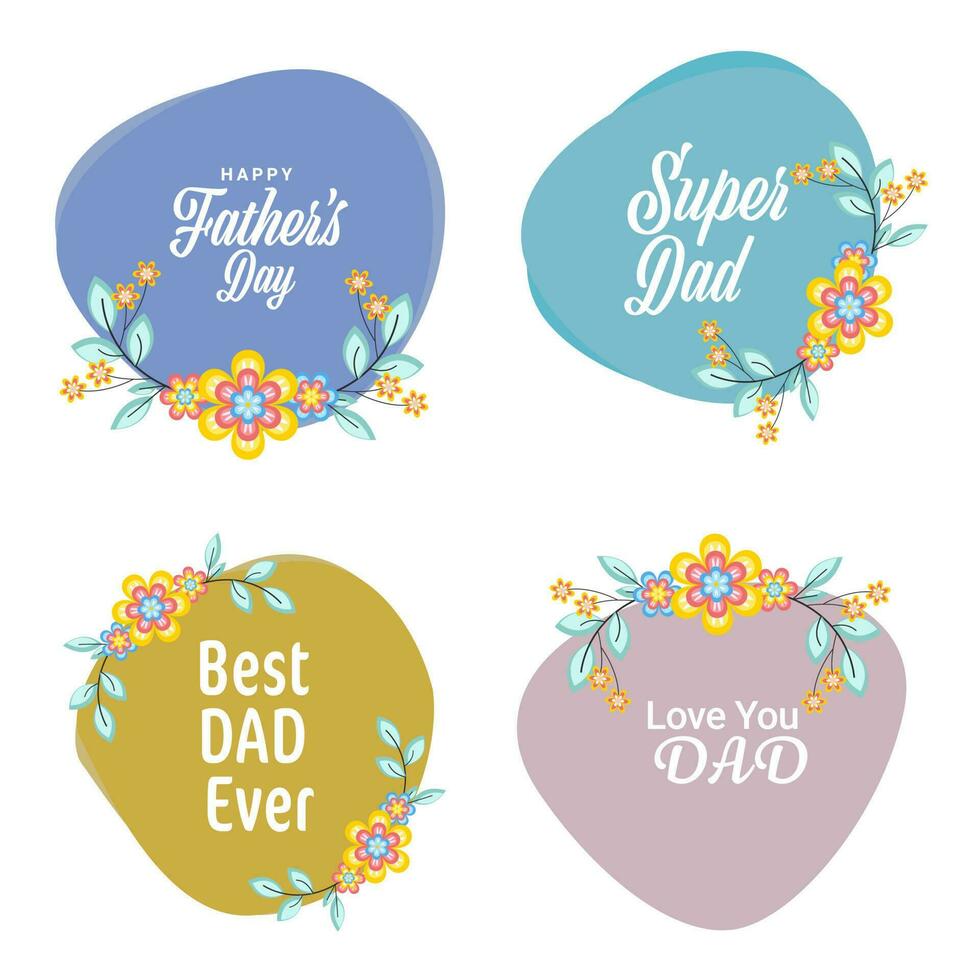 Set Of Happy Father's Day Phrase Decorated With Floral On White Background. vector