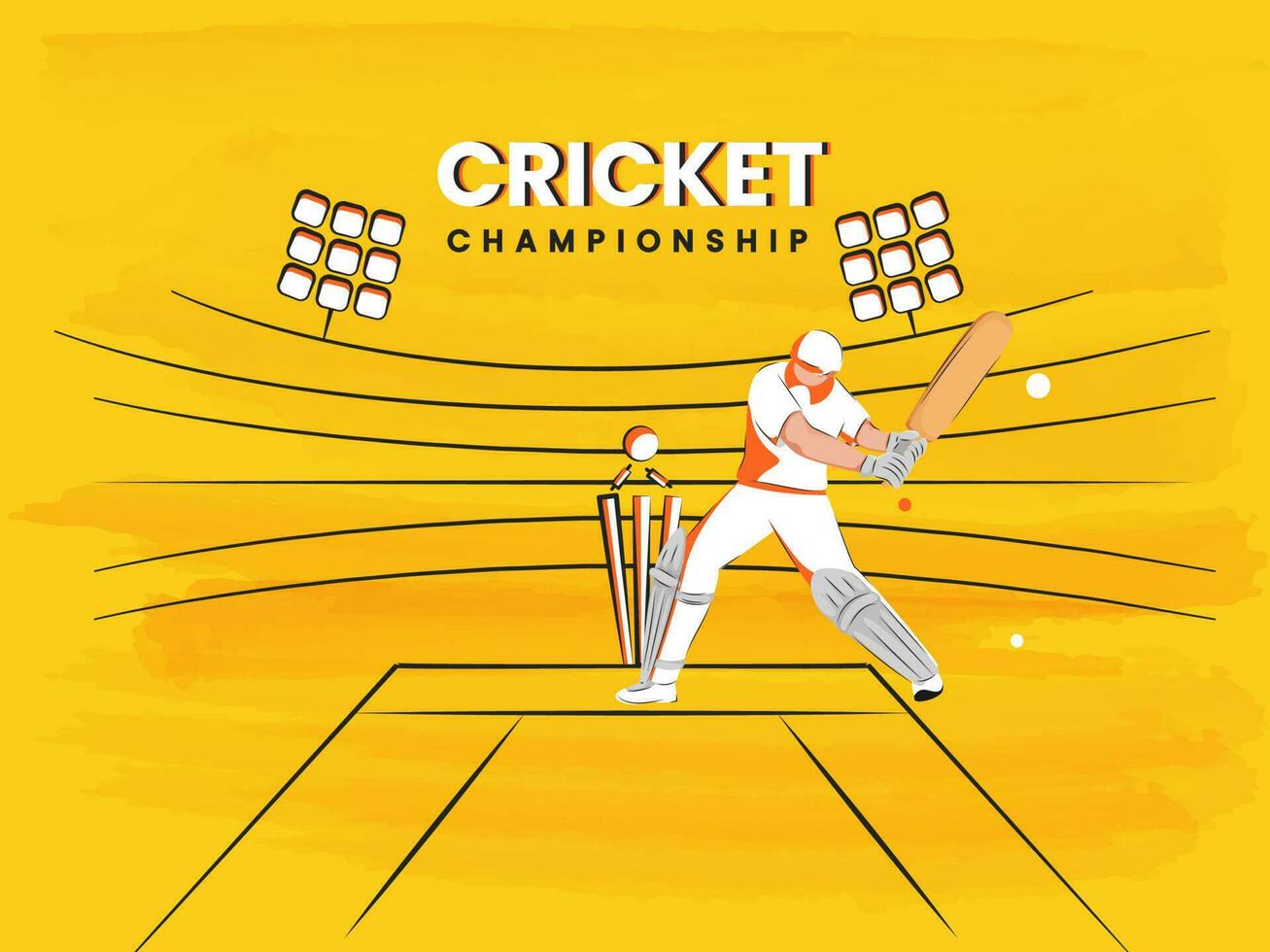 Vector Illustration Of Out Batsman Player On Yellow Watercolor Effect Stadium Background For Cricket Championship.
