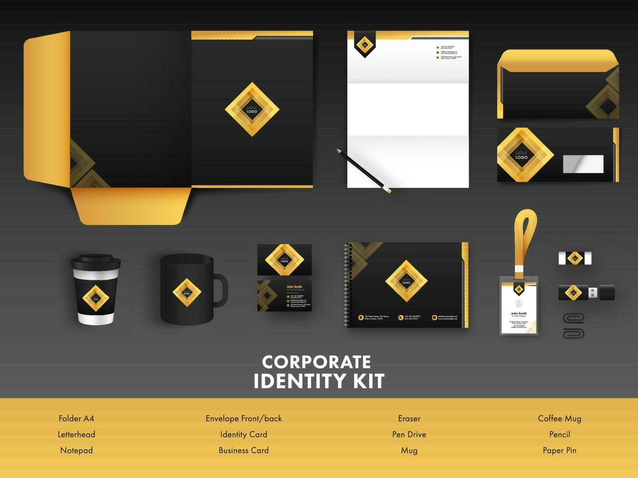Corporate Identity Kit Including As Folder A4, Letterhead, Identity Card, Envelope, Pen Drive, Other Stationery Items On Grey And Yellow Background. vector