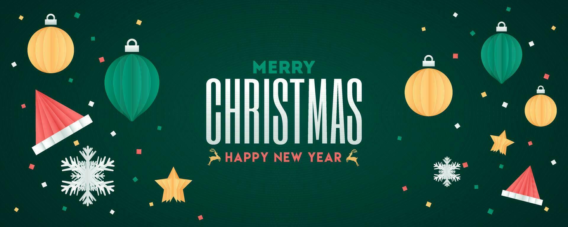 Merry Christmas and Happy New Year text with origami paper baubles, hats and snowflakes decorated on green background. Header or banner design. vector