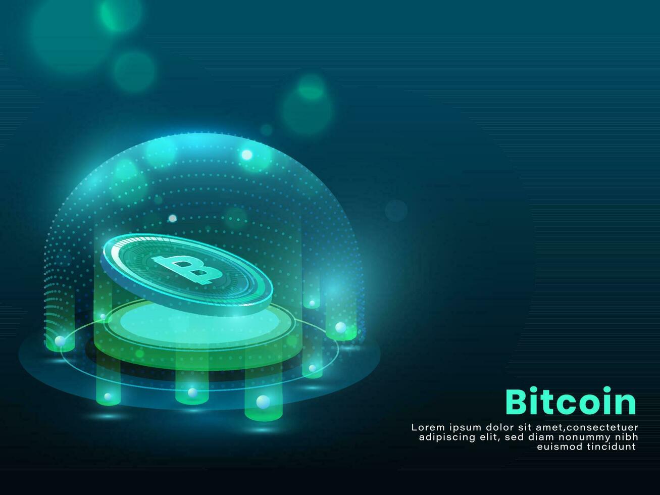 3D Bitcoin Between Emerging Digital Rays On Teal Blue Background For Cryptocurrency Concept. vector