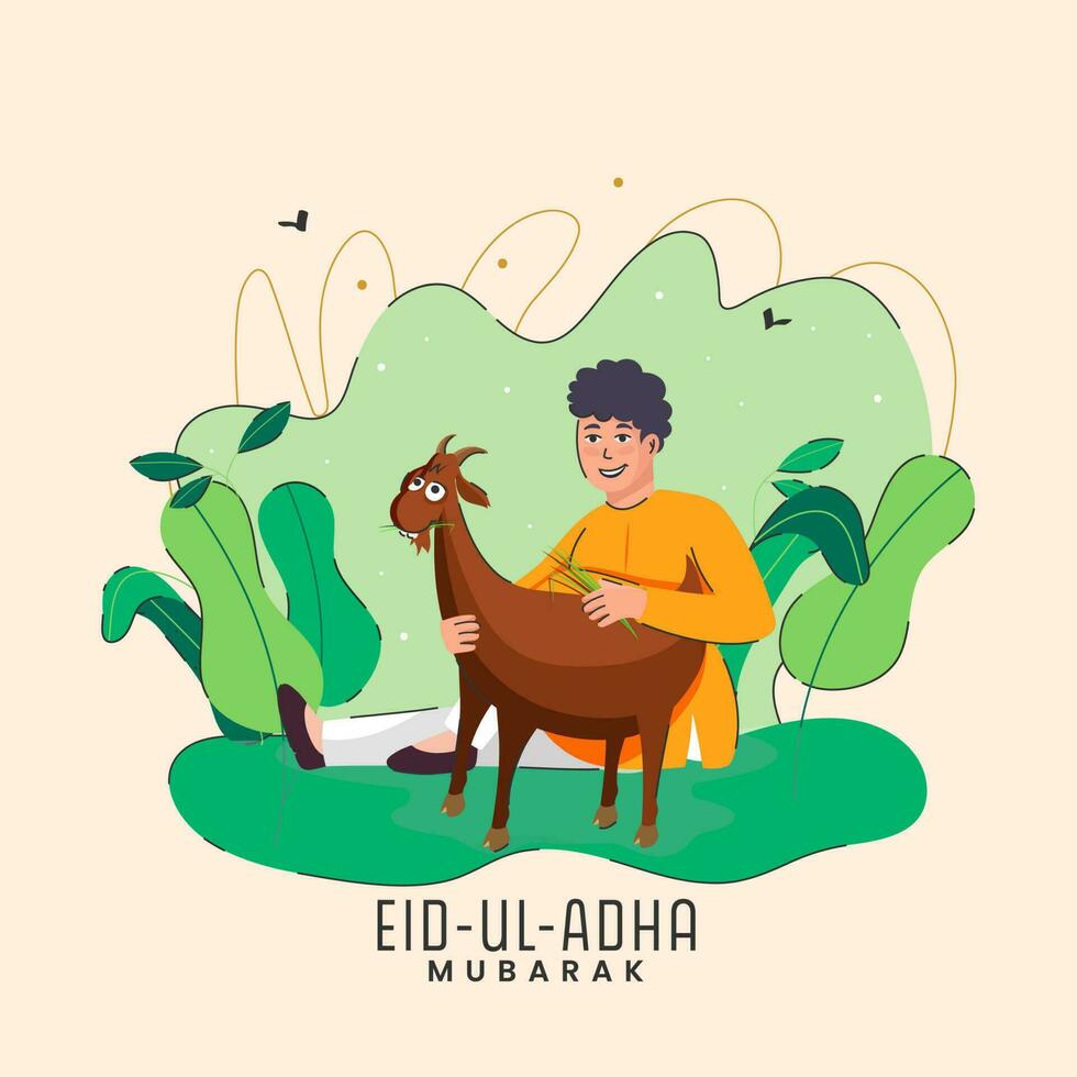 eid-ul-adha Mubarak concepto con islámico joven chico alimentación césped a cabra y naturaleza ver en cósmico latté antecedentes. vector