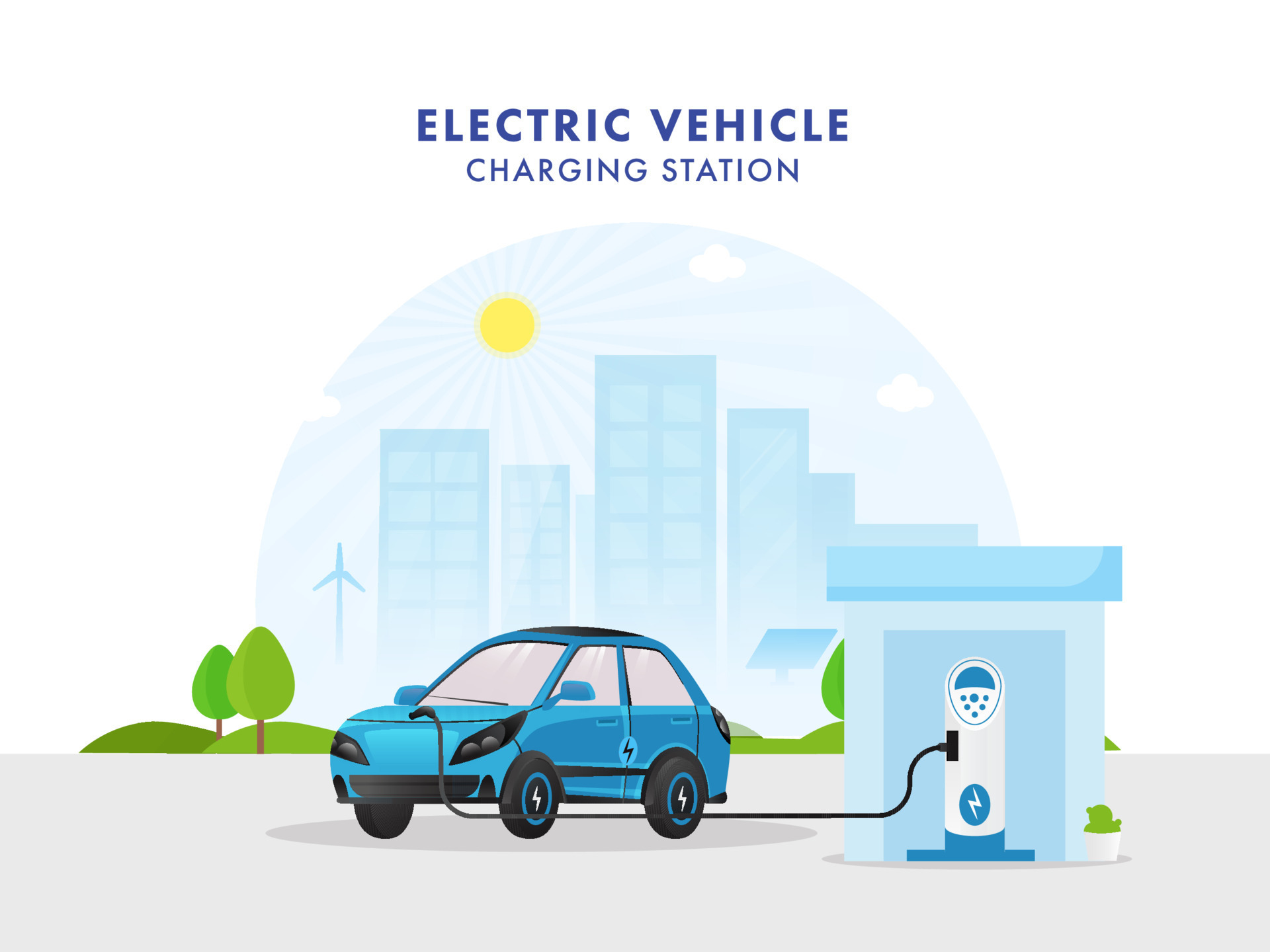3D Illustration Of Electric Vehicle Charging Station With A Car On City