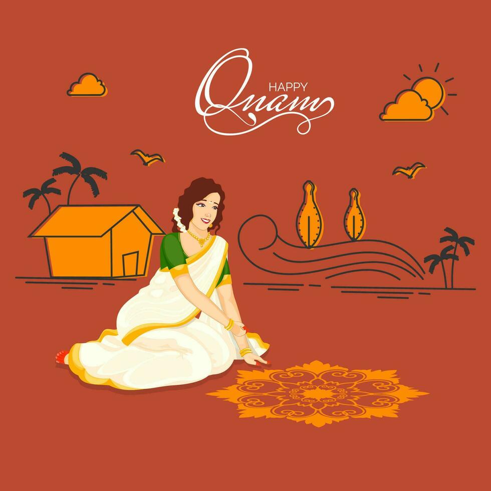 Happy Onam Celebration Background With South Indian Woman Making A Rangoli And House Illustration. vector