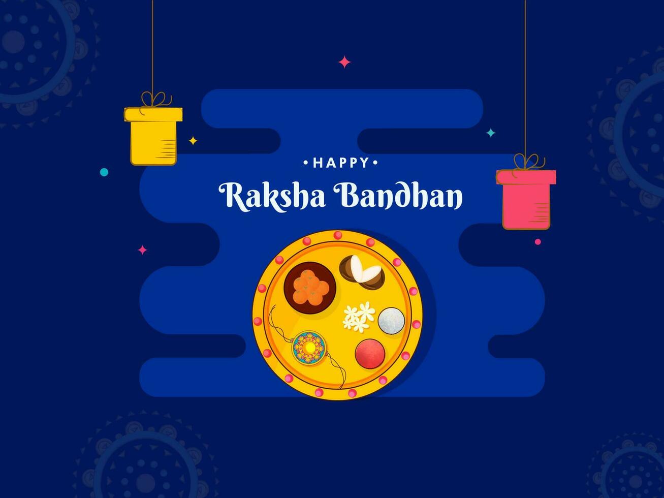 Happy Raksha Bandhan Concept With Top View Worship Plate Of Rakhi And Gift Boxes Hang On Blue Background. vector