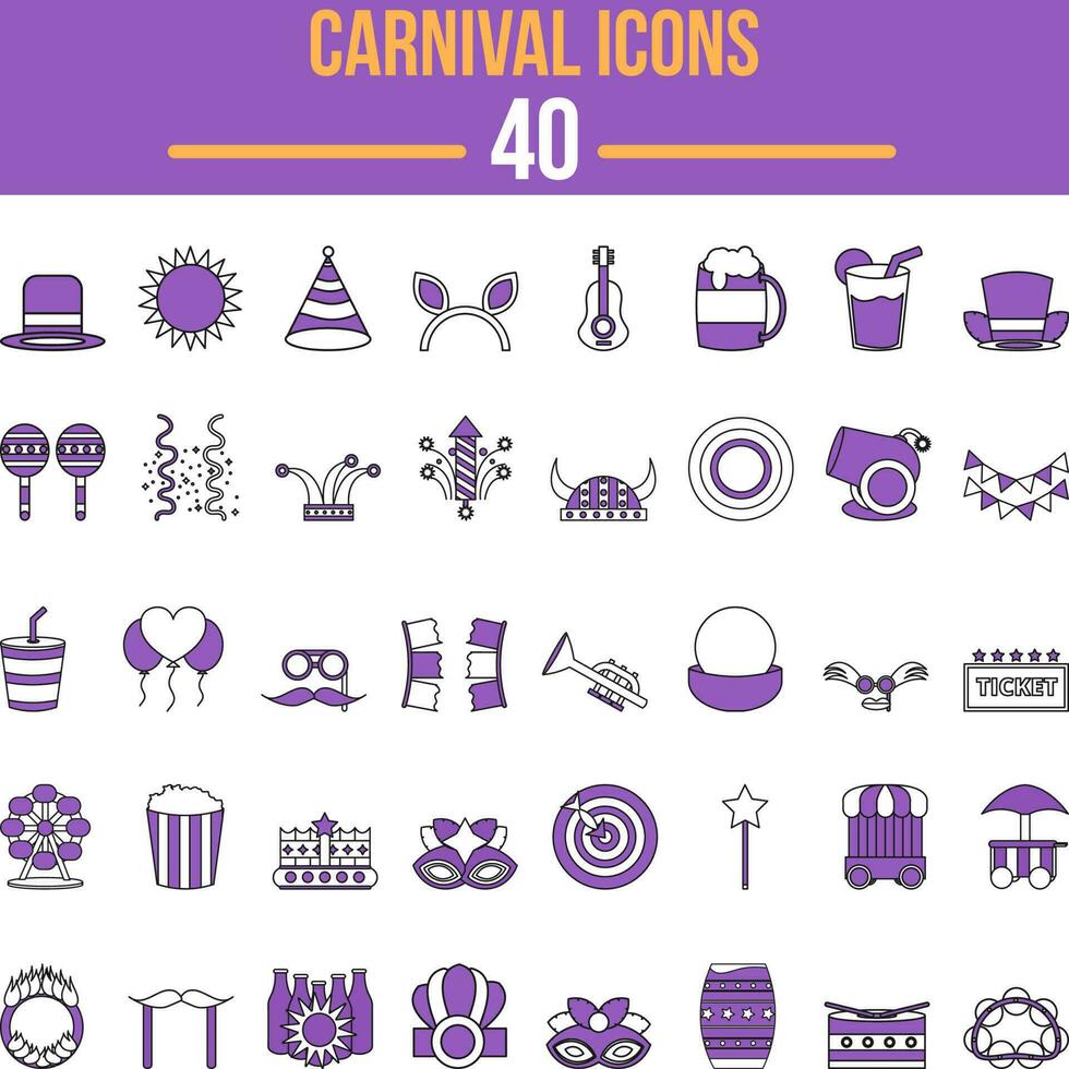 Purple And White Color Set of Carnival Icon In Flat Style. vector