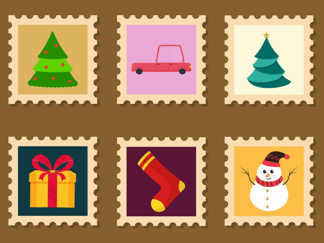 Christmas Stamps Collection On Brown Background. vector
