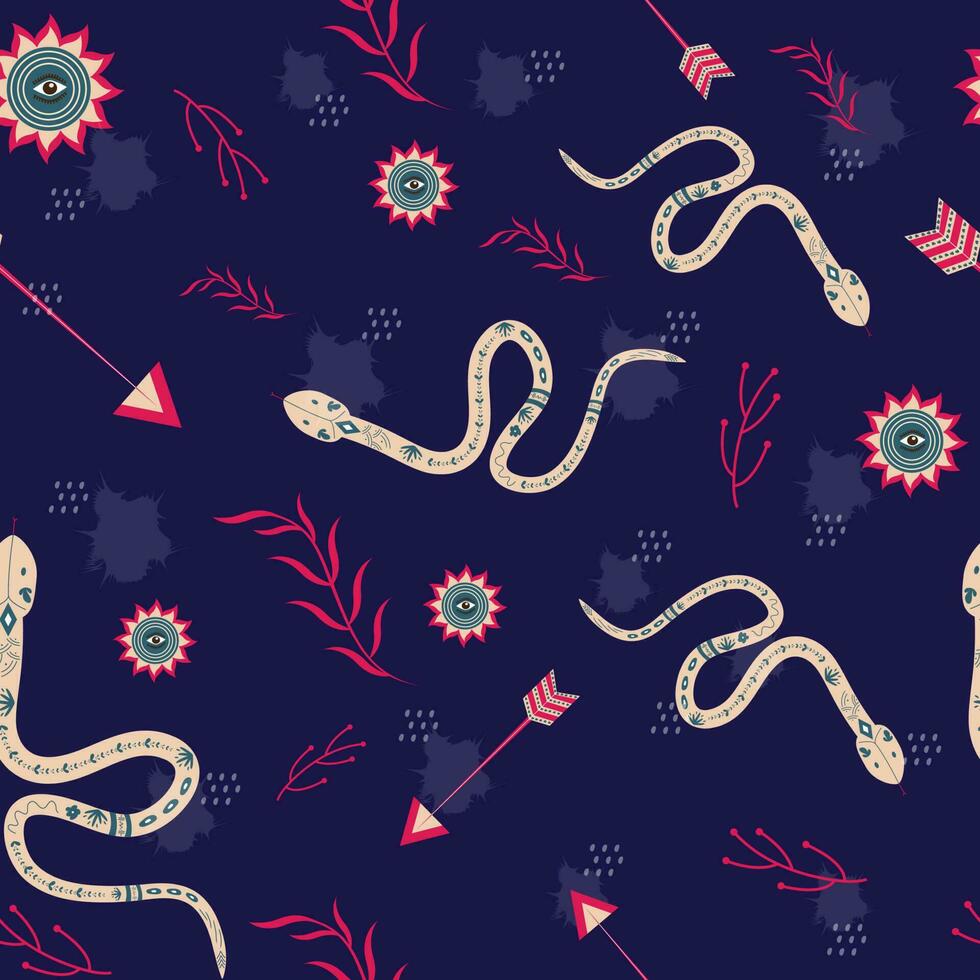 Boho Style Seamless Pattern Background Of Snakes With Eye Mandala, Bow Arrow And Leaves. vector