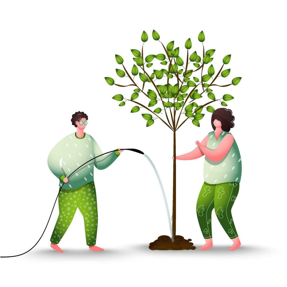 hombre riego el árbol con manguera con mujer para plantación concepto. vector