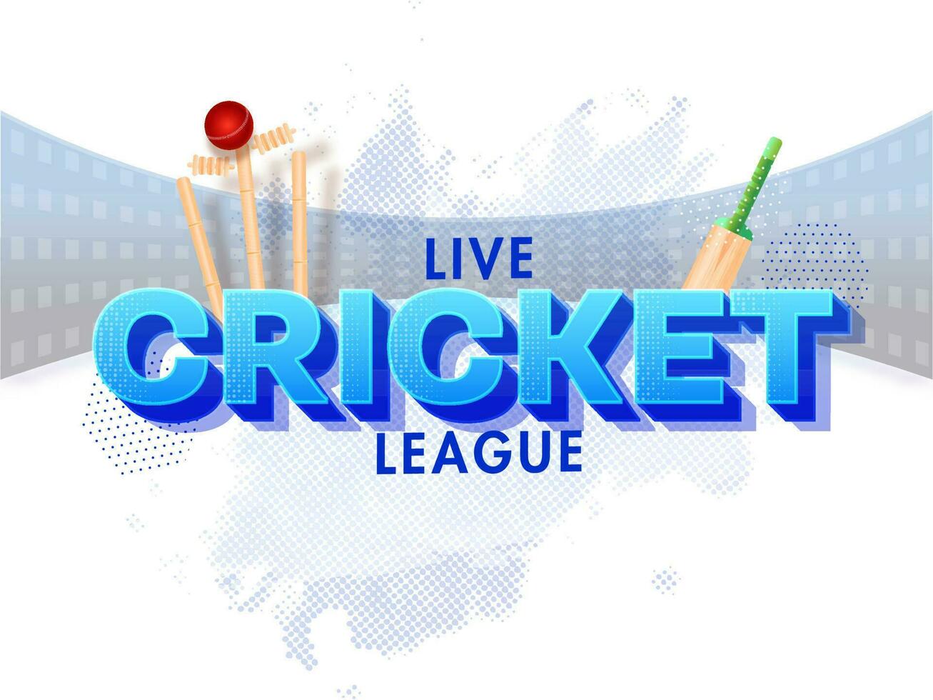 Blue Live Cricket League Text With Red Ball Hitting Wicket Stumps And Bat On White Halftone Stadium Background. vector