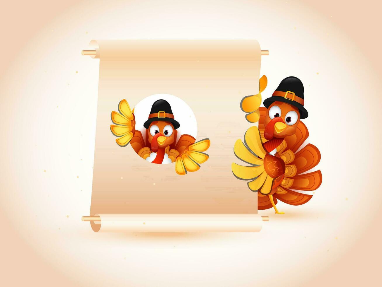 Illustration of turkey birds wearing pilgrim hat and holding blank scroll paper given for your message for Thanksgiving. vector