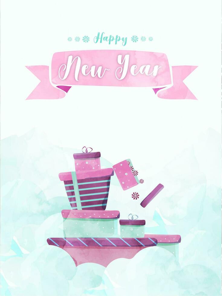 Happy New Year greeting card or template design with gift boxes and watercolor effect on white background. vector