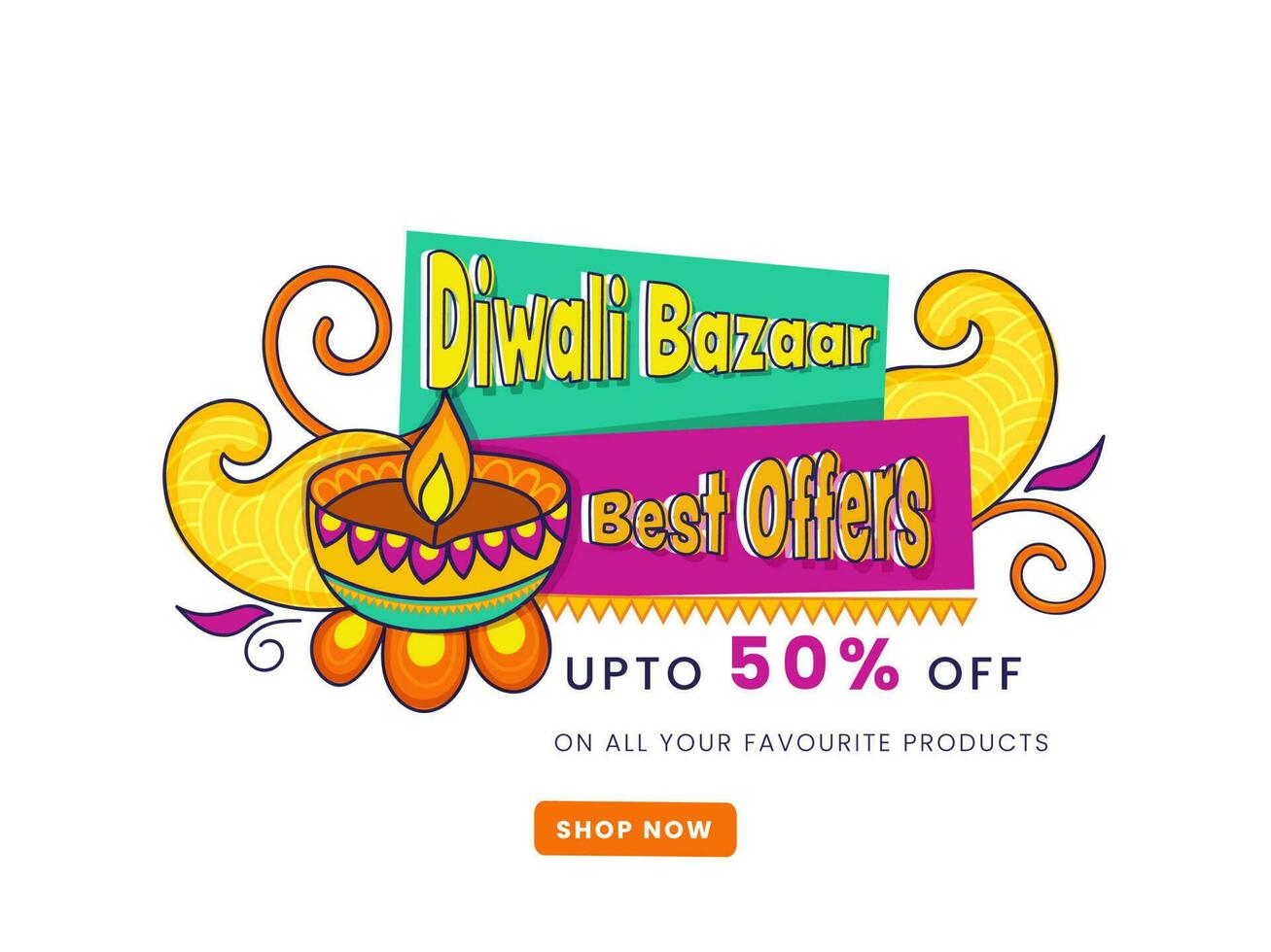 Diwali Bazaar Poster Design With Lit Oil Lamp. vector