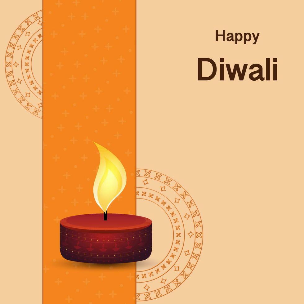 Happy Diwali Celebration Poster Design With Tealight Candle On Orange Mandala Pattern Background. vector