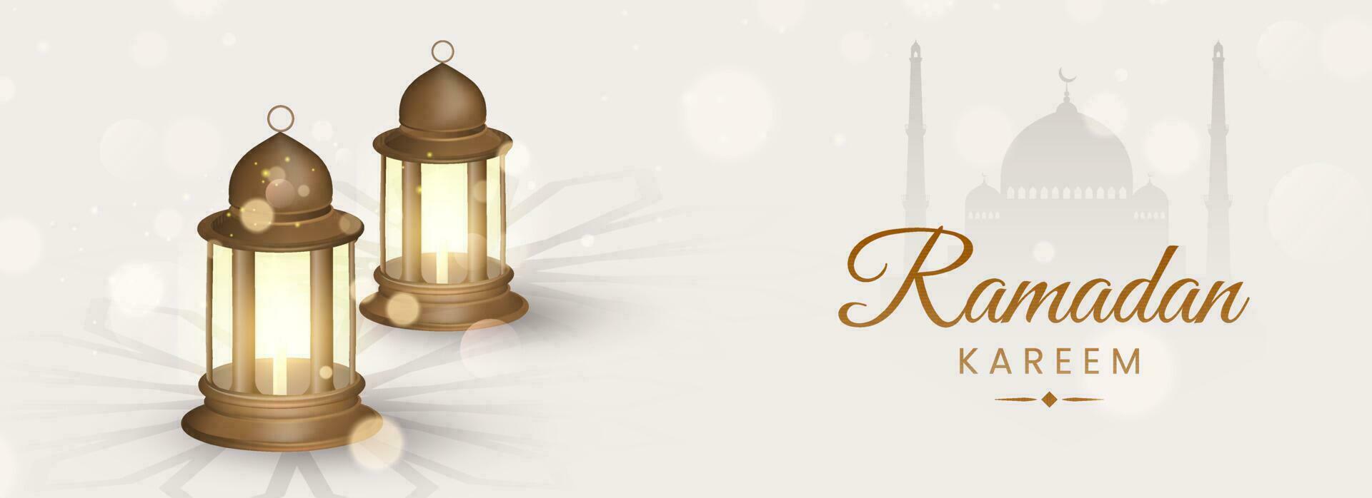 Ramadan Kareem Concept With 3D Illuminated Lanterns On White Silhouette Mosque Background. vector