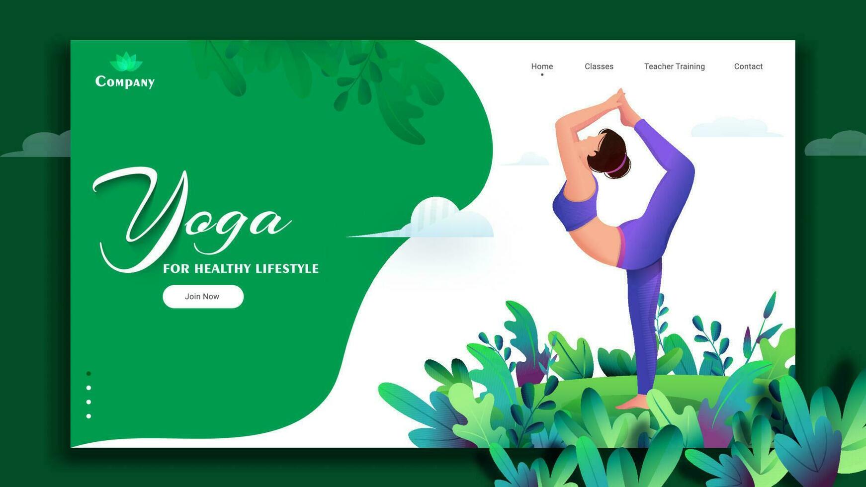 Yoga for healthy lifestyle concept based landing page design with young girl doing exercise in natarajasana pose. vector
