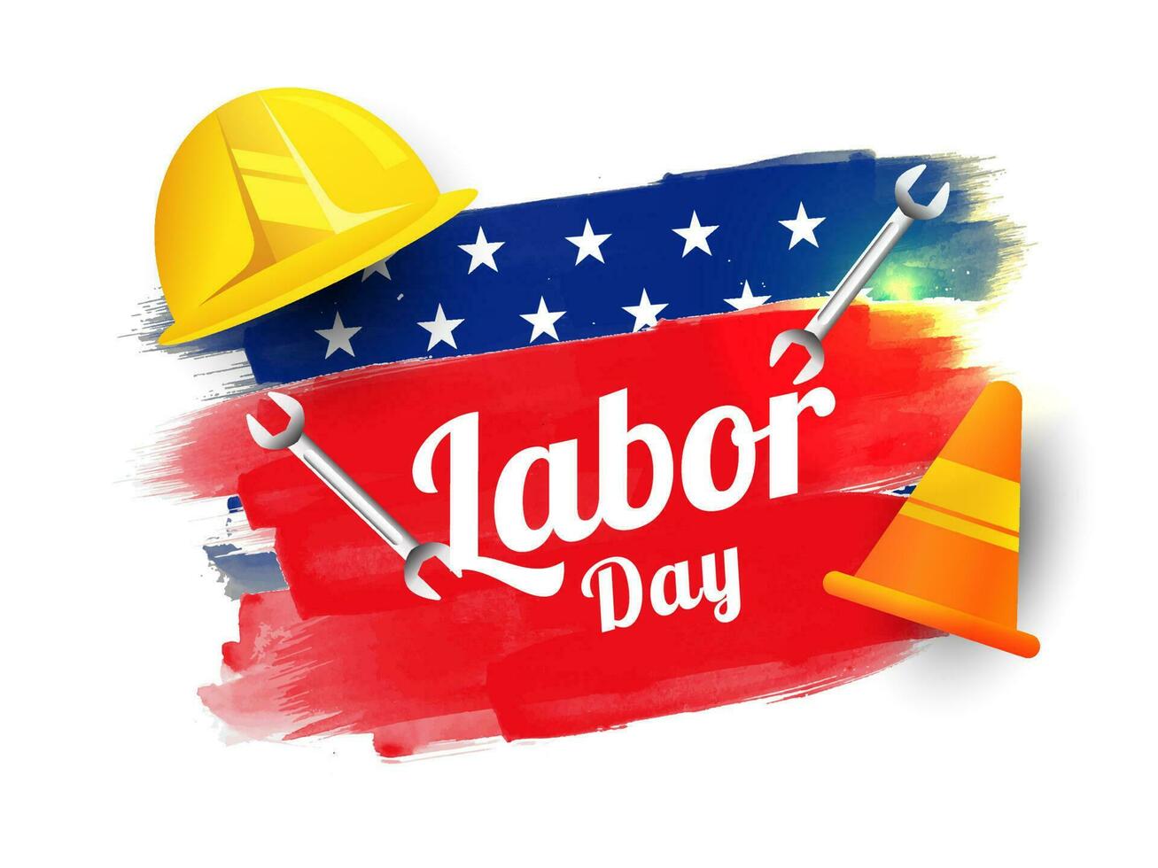 Labor Day text with construction tool on brush stroke effect American Flag color background. Can be used as banner or poster design. vector