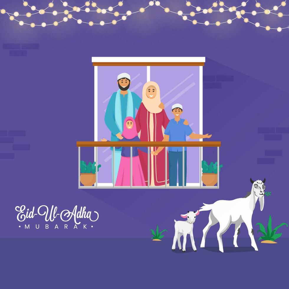 eid-ul-adha Mubarak concepto con felicidad musulmán familia en pie juntos a su balcón y dibujos animados cabras comiendo césped en púrpura antecedentes. vector