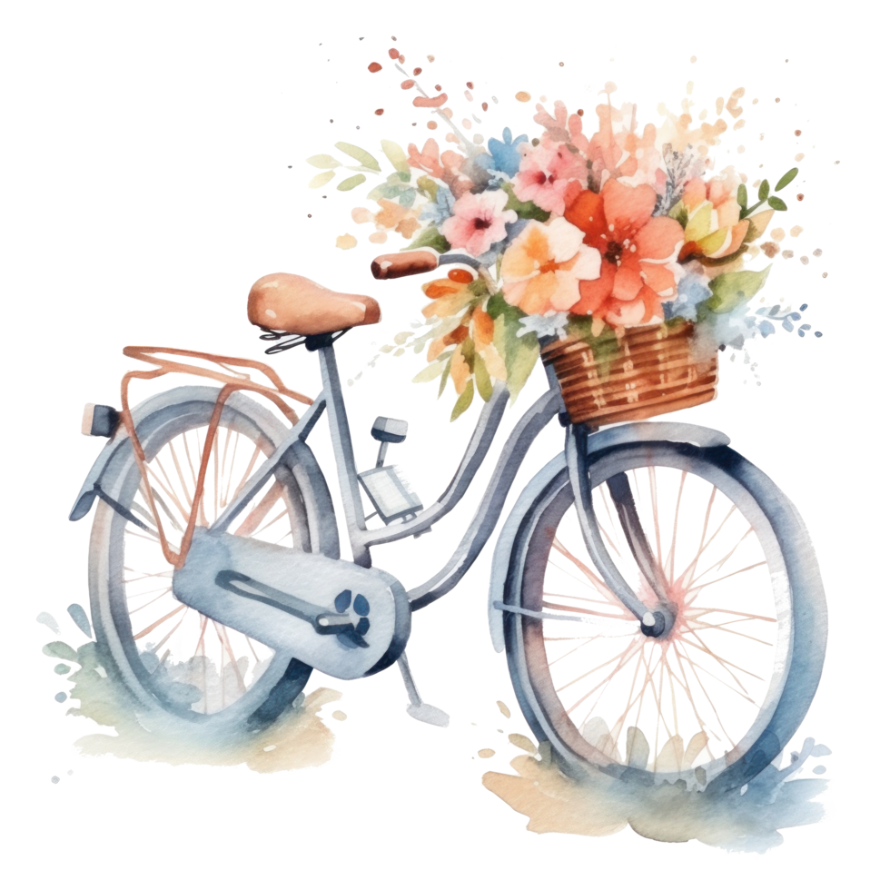 Cute watercolor bicycle with flowers. Illustration png