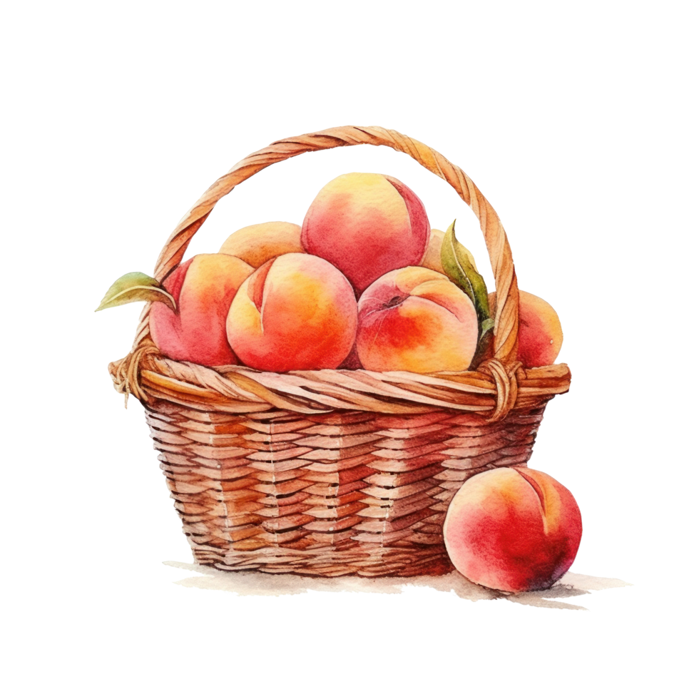 Watercolor peach in basket. Illustration png