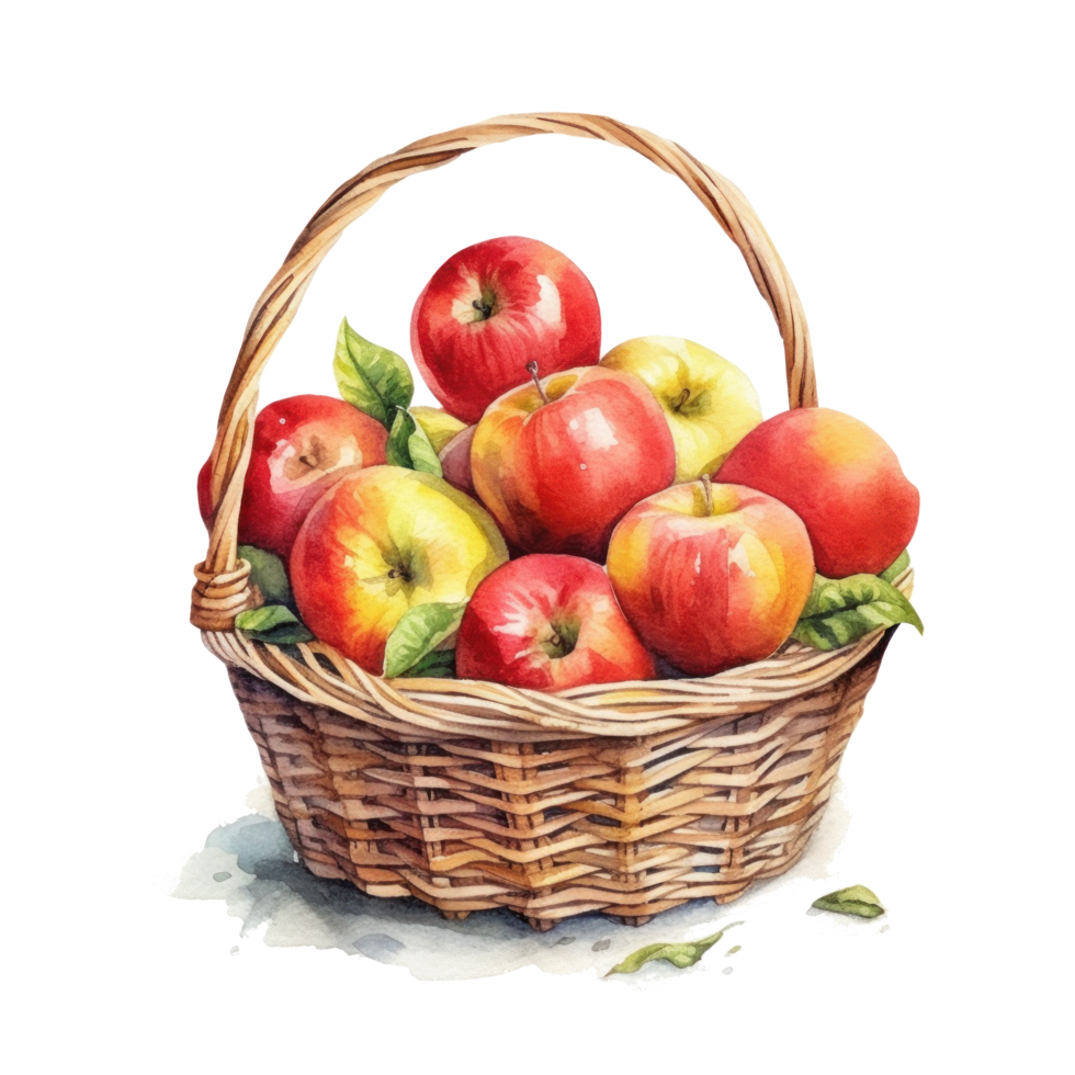 Watercolor apples in basket. Illustration png