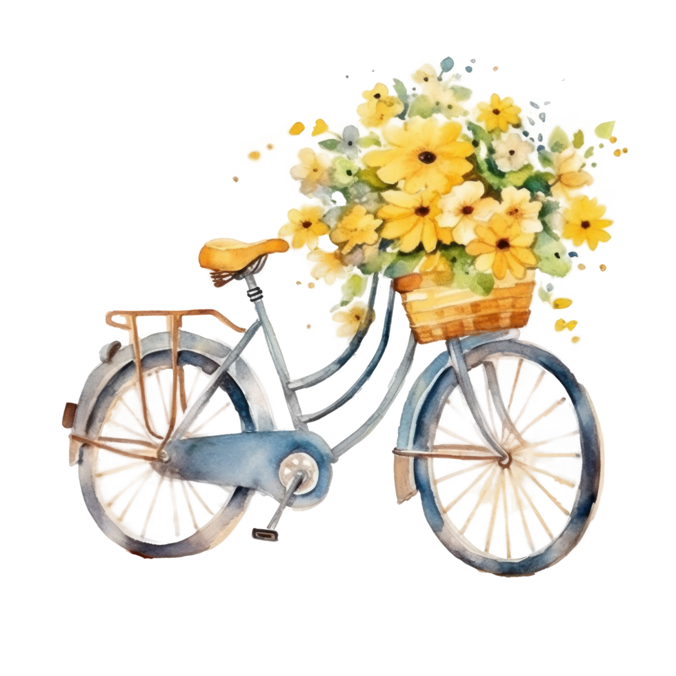 Cute watercolor bicycle with flowers. Illustration png