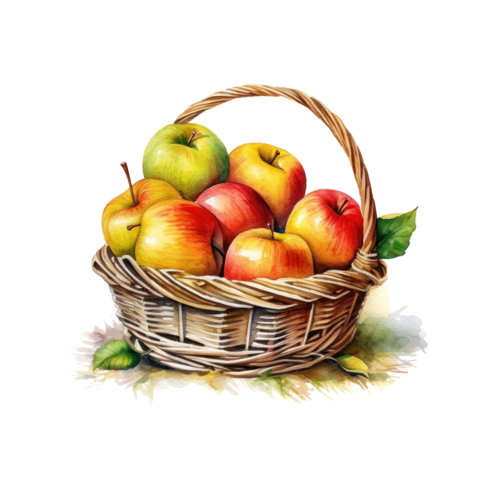 Watercolor apples in basket. Illustration png
