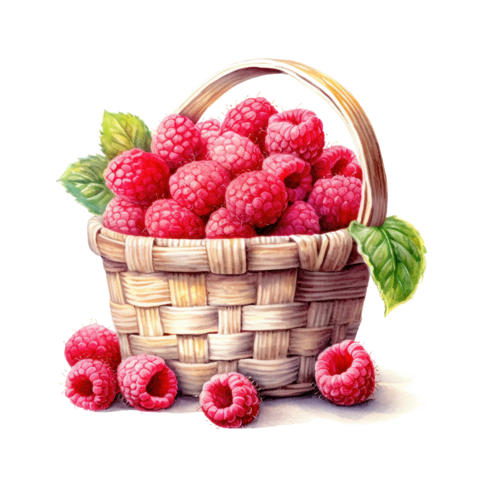 Watercolor raspberries in basket. Illustration png