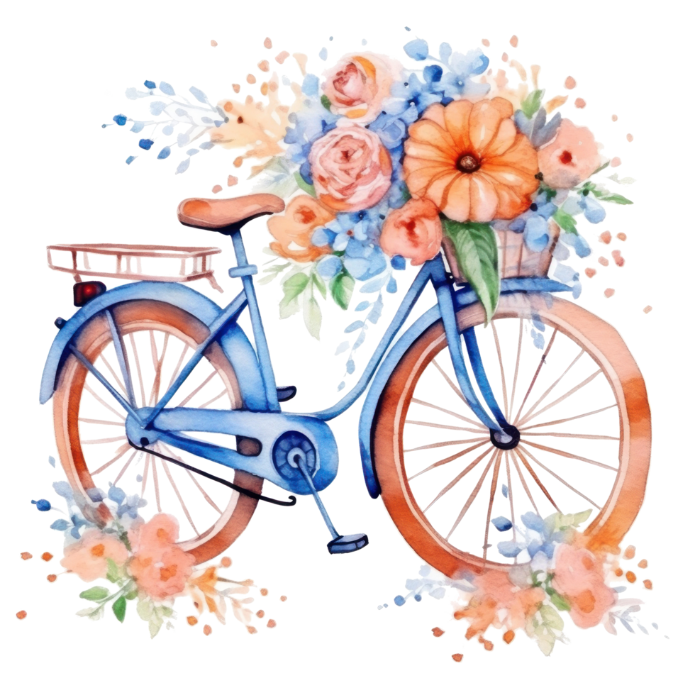 Cute watercolor bicycle with flowers. Illustration png